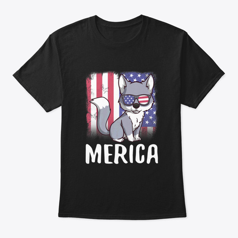 Merica Wolf Usa American Flag 4 Th Of Jul Black T-Shirt Front