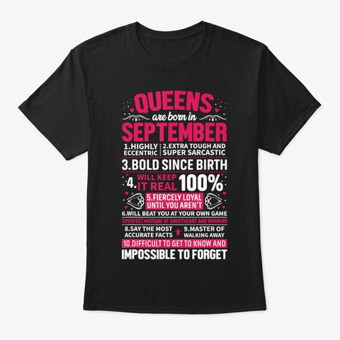 Queens Are Born In September T Shirt Black T-Shirt Front
