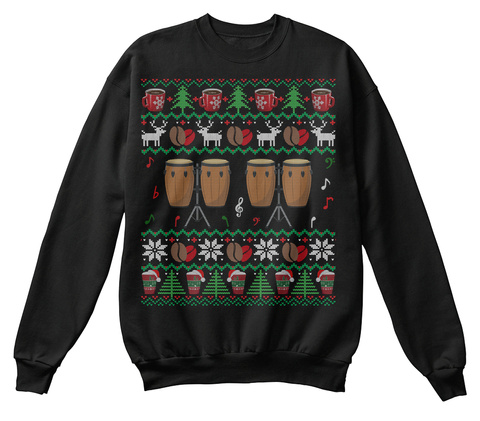 Coffee Conga Drum Ugly Christmas Sweater Jet Black T-Shirt Front