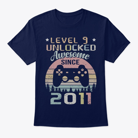 9th Birthday Gamer Level 9 Unlocked Navy T-Shirt Front