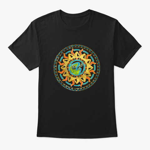 Aztect Lizard In Sun Symbol Black T-Shirt Front
