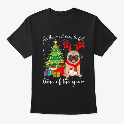 Pugdog With Merry Christmas Tshirt Black T-Shirt Front