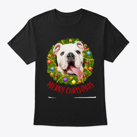 English Bulldog In Christmas Wreath Tee Black T-Shirt Front