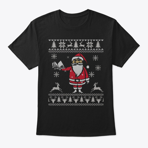 Santa With Books Tshirt Black T-Shirt Front