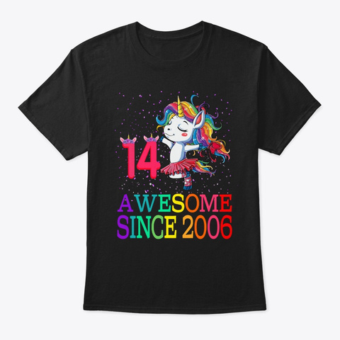 14 Years Old 14th Birthday Unicorn Black T-Shirt Front