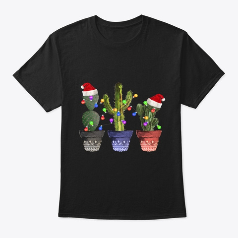 Cactus Christmas Lights Santa Hat Shirts Black T-Shirt Front