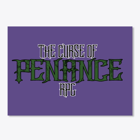 Curse Of Penance Rpg logo, Purple sticker with white, black and green logo, ttrpg