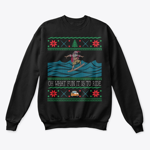 Surfing Santa Hawaiian Ugly Christmas Black T-Shirt Front