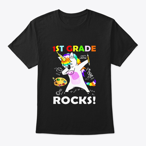 Dabbing 1st Grade Rocks Unicorn Tshirt Black T-Shirt Front