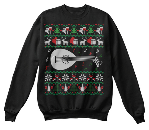 Wine Lute Ugly Christmas Sweater Gifts Jet Black T-Shirt Front