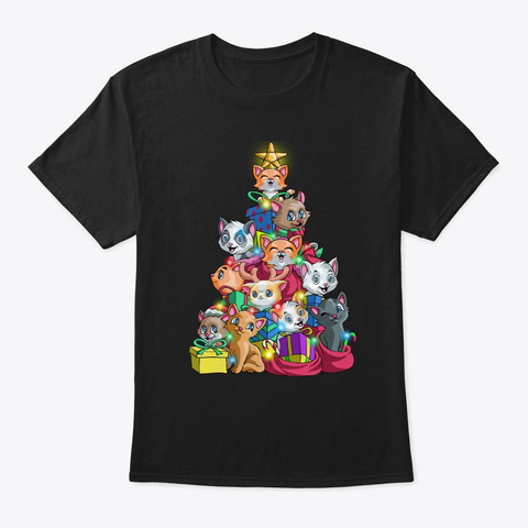 Meowy Xmas Funny Cat Tree Ugly Christmas Black T-Shirt Front