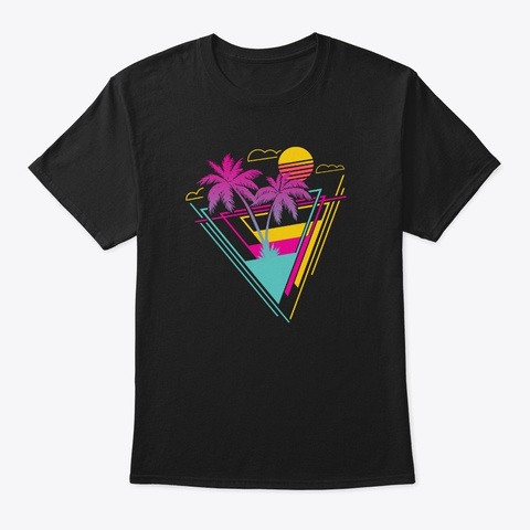 Retro 80s 90s Palm Trees Beach Vaporwave Black T-Shirt Front