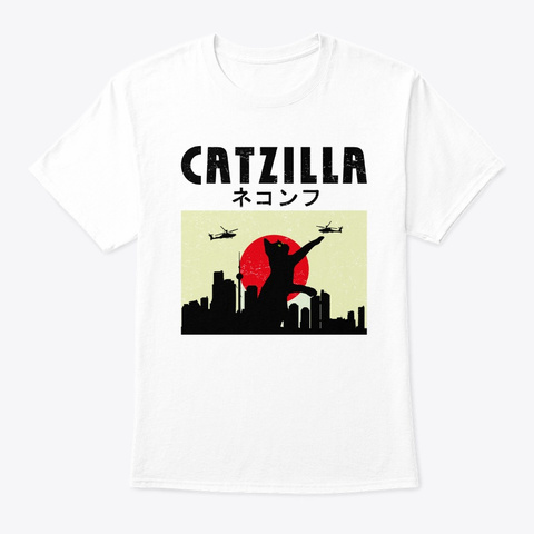 Funny Cat Lovers Japanese Catzilla Hilar White T-Shirt Front