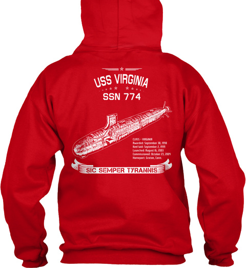 Uss Virginia Ssn 774 Sic Semper Tyrannis Red T-Shirt Back
