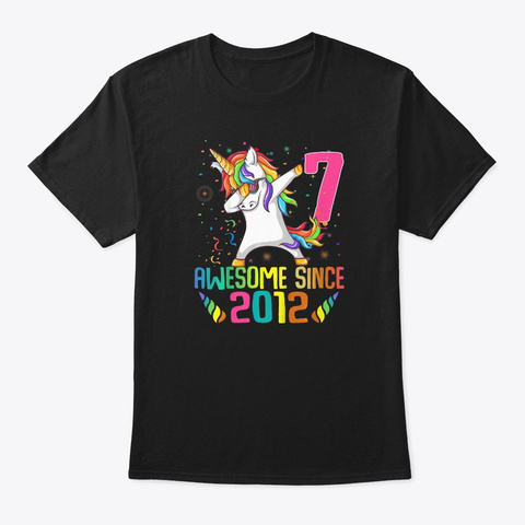 Kids 7 Years Old 7th Birthday Unicorn Da Black T-Shirt Front