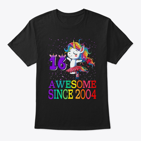 16 Years Old 16th Birthday Unicorn Black T-Shirt Front