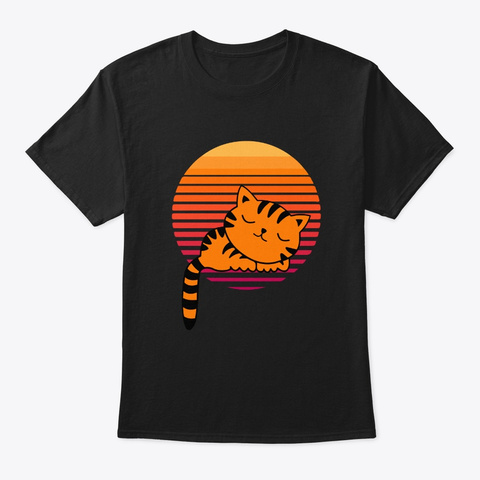 Above The World Cat Resting Retro Sunset Black T-Shirt Front