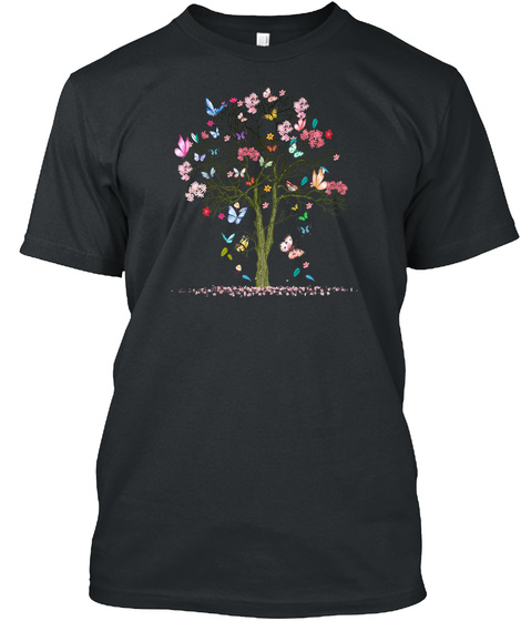 Cute Butterflies In A Tree Women Men Art Black T-Shirt Front