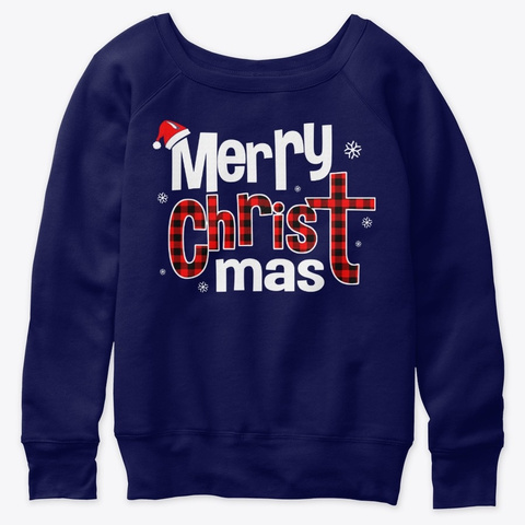Merry Christ Mas Red Plaid Cross Christi Navy  T-Shirt Front