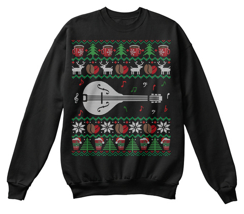 Christmas Coffee Mandolin Ugly Sweater Jet Black T-Shirt Front