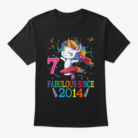 7th Birthday Unicorn Fabulous Since 2014 Black T-Shirt Front