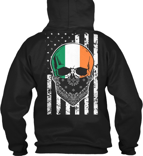Cool Irish Skull + American Flag Black T-Shirt Back