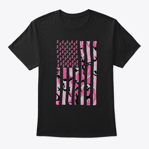 Breast Cancer Camo Pink Flag Ribbon Black T-Shirt Front