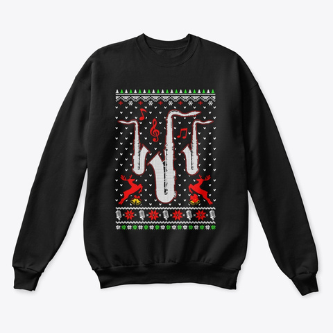 Santa Saxophone Ugly Christmas Sweater Black T-Shirt Front