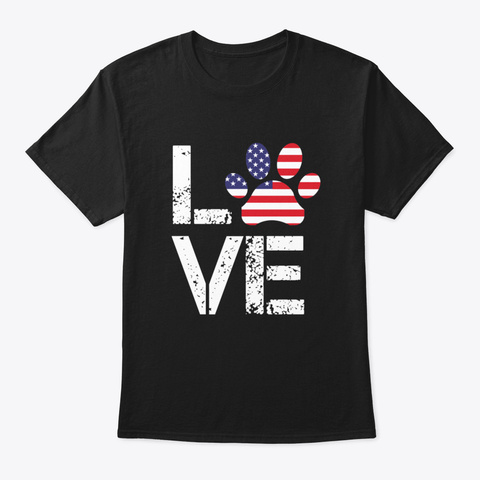 Love Dog Paw Print American Flag Indepen Black T-Shirt Front