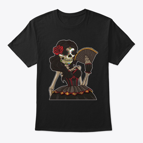 Skeleton Lady Of The Dead | La Calavera Black T-Shirt Front