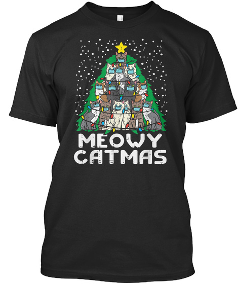Meowy Catmas Christmas Tree Cats Mask Black T-Shirt Front