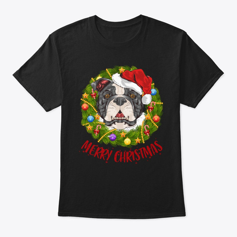 Pitbull In Christmas Wreath Tshirt Black T-Shirt Front