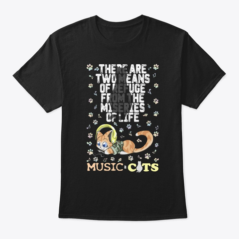 Music And Cat T Shirts!! Black T-Shirt Front